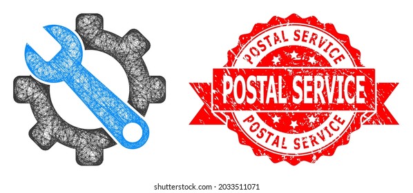 Wire frame service tools icon, and Postal Service unclean ribbon seal. Red stamp includes Postal Service title inside ribbon.Geometric wire frame flat net based on service tools icon,