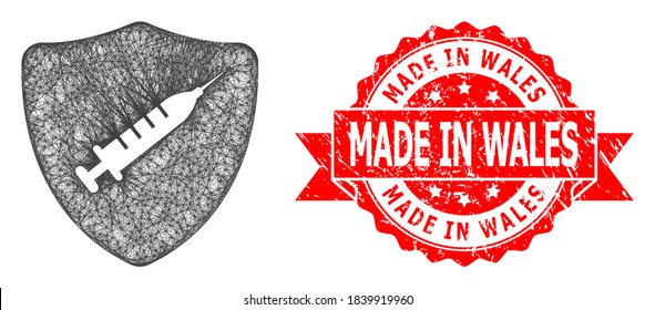 Wire frame shield vaccine icon, and Made in Wales rubber ribbon seal. Red seal includes Made in Wales tag inside ribbon.Geometric wire carcass 2D network based on shield vaccine icon,