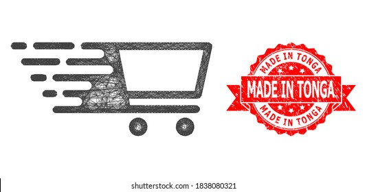 Wire frame shopping cart icon, and Made in Tonga grunge ribbon stamp seal. Red stamp seal has Made in Tonga title inside ribbon.Geometric wire carcass 2D network based on shopping cart icon,