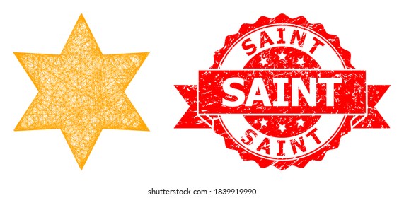 Wire frame six corner star icon, and Saint grunge ribbon seal. Red stamp seal includes Saint caption inside ribbon.Geometric wire carcass 2D network based on six corner star icon,