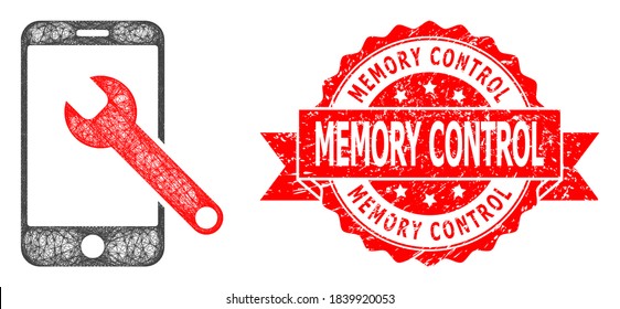 Wire frame smartphone repair icon, and Memory Control unclean ribbon stamp. Red stamp includes Memory Control title inside ribbon.Geometric hatched frame flat net based on smartphone repair icon,