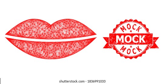 Icono de labios de sonrisa del marco de cables y sello de goma de la marca Mock. El sello rojo tiene la etiqueta Mock dentro de la cinta. Red de alambre geométrica de la red plana basada en el icono de los labios de sonrisa, generada con líneas de cruce.