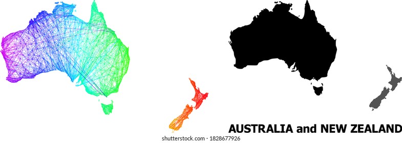 Wire frame and solid map of Australia and New Zealand. Vector model is created from map of Australia and New Zealand with intersected random lines, and has rainbow gradient.