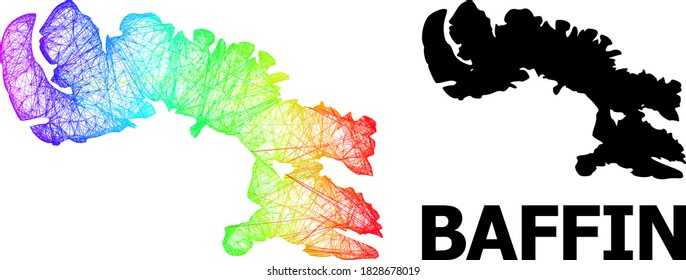 Wire frame and solid map of Baffin Island. Vector structure is created from map of Baffin Island with intersected random lines, and has rainbow gradient. Abstract lines form map of Baffin Island.