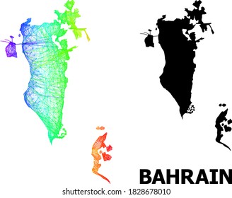 Wire frame and solid map of Bahrain. Vector structure is created from map of Bahrain with intersected random lines, and has bright spectral gradient. Abstract lines form map of Bahrain.