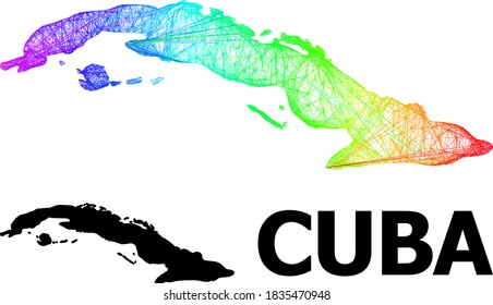 Wire frame and solid map of Cuba. Vector structure is created from map of Cuba with intersected random lines, and has spectrum gradient. Abstract lines are combined into map of Cuba.