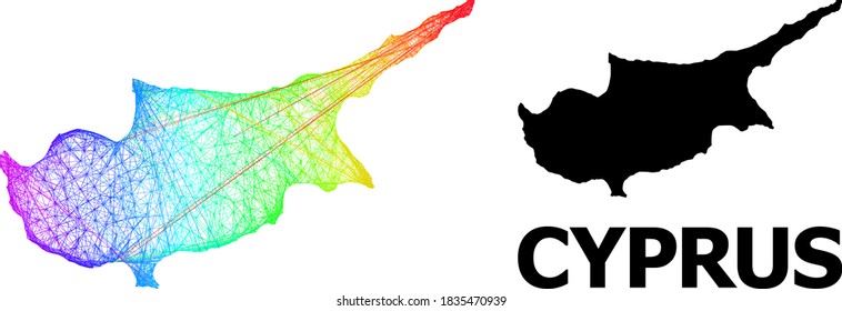 Wire frame and solid map of Cyprus Island. Vector structure is created from map of Cyprus Island with intersected random lines, and has rainbow gradient.
