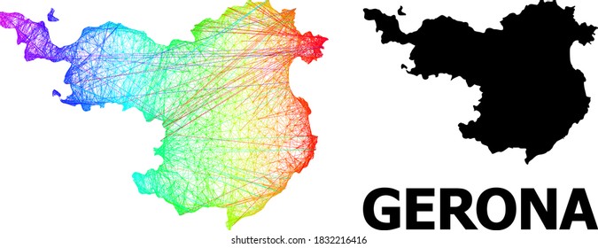 Wire frame and solid map of Gerona Province. Vector structure is created from map of Gerona Province with intersected random lines, and has spectral gradient.