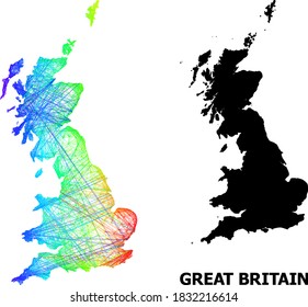 Wire frame and solid map of Great Britain. Vector structure is created from map of Great Britain with intersected random lines, and has bright spectral gradient.