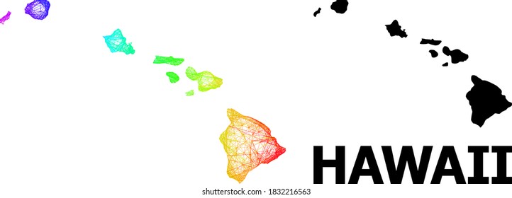 Wire frame and solid map of Hawaii State. Vector structure is created from map of Hawaii State with intersected random lines, and has rainbow gradient. Abstract lines form map of Hawaii State.