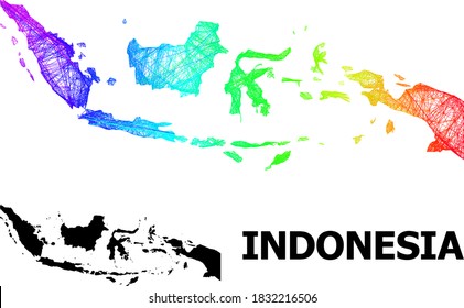 Wire frame and solid map of Indonesia. Vector structure is created from map of Indonesia with intersected random lines, and has spectrum gradient. Abstract lines form map of Indonesia.