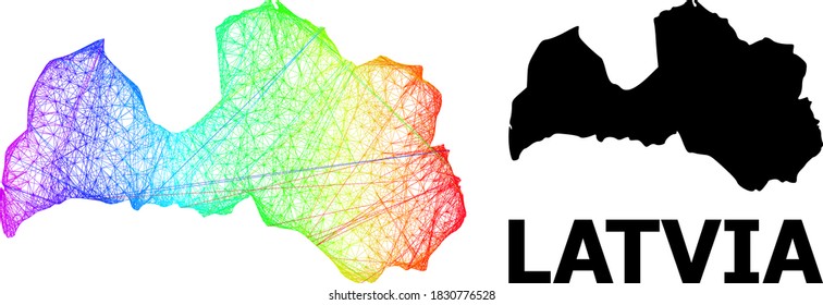 Wire frame and solid map of Latvia. Vector model is created from map of Latvia with intersected random lines, and has rainbow gradient. Abstract lines form map of Latvia.