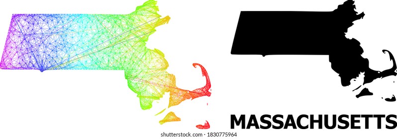 Wire frame and solid map of Massachusetts State. Vector model is created from map of Massachusetts State with intersected random lines, and has spectrum gradient.