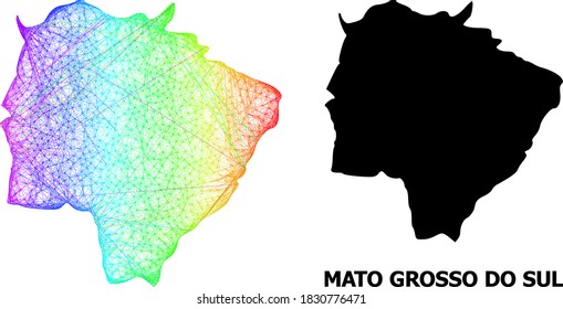 Marco de cables y mapa sólido del estado de Mato Grosso do Sul. La estructura vectorial se crea a partir del mapa del estado Mato Grosso do Sul con líneas aleatorias interseccionadas, y tiene gradiente espectral.