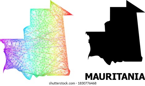 Wire frame and solid map of Mauritania. Vector model is created from map of Mauritania with intersected random lines, and has spectrum gradient. Abstract lines form map of Mauritania.