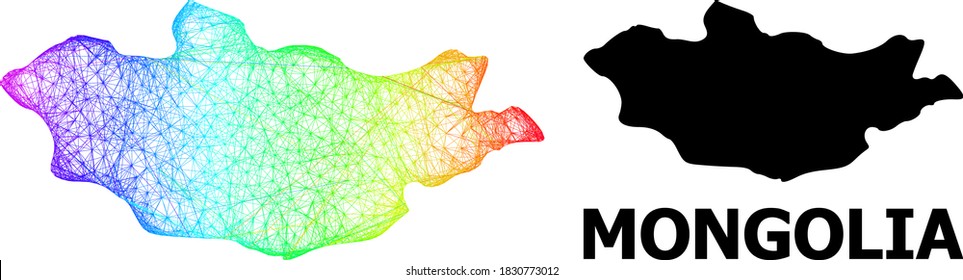 Wire frame and solid map of Mongolia. Vector structure is created from map of Mongolia with intersected random lines, and has rainbow gradient. Abstract lines form map of Mongolia.