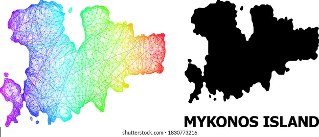 Wire frame and solid map of Mykonos Island. Vector structure is created from map of Mykonos Island with intersected random lines, and has spectrum gradient. Abstract lines form map of Mykonos Island.