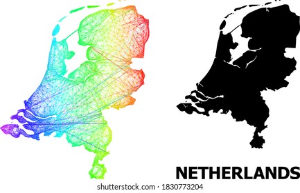 Wire frame and solid map of Netherlands. Vector model is created from map of Netherlands with intersected random lines, and has spectral gradient. Abstract lines are combined into map of Netherlands.