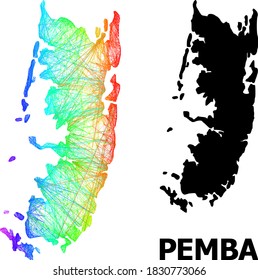 Wire frame and solid map of Pemba island. Vector model is created from map of Pemba island with intersected random lines, and has spectrum gradient.