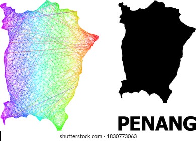 Wire frame and solid map of Penang Island. Vector structure is created from map of Penang Island with intersected random lines, and has rainbow gradient.