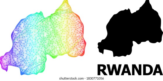 Wire frame and solid map of Rwanda. Vector structure is created from map of Rwanda with intersected random lines, and has rainbow gradient. Abstract lines form map of Rwanda.