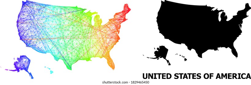 Wire frame and solid map of USA territories. Vector model is created from map of USA territories with intersected random lines, and has bright spectral gradient.