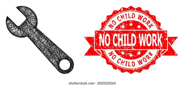 Wire frame spanner icon, and No Child Work textured ribbon seal. Red seal contains No Child Work text inside ribbon.Geometric wire frame flat network based on spanner icon,