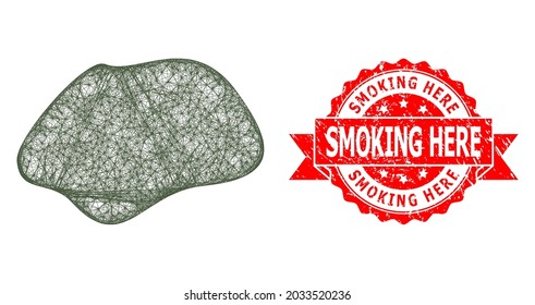 Wire frame spot simple icon, and Smoking Here corroded ribbon seal print. Red stamp seal includes Smoking Here title inside ribbon.Geometric wire frame flat net based on spot simple icon,