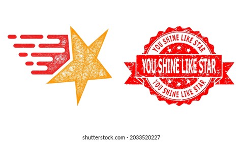 Wire frame star icon, and You Shine Like Star dirty ribbon stamp. Red stamp has You Shine Like Star tag inside ribbon.Geometric wire frame 2D net based on star icon, generated with crossed lines.