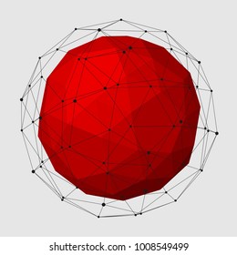 Wire frame style design. Platonic solid design. Red shape in the sphere from connected lines with dots