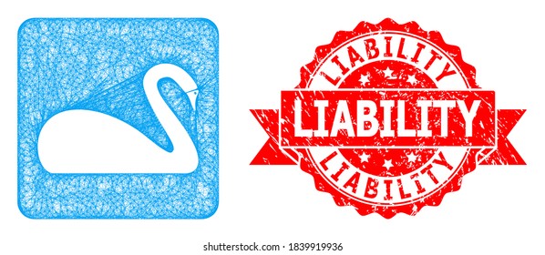 Wire frame swan icon, and Liability dirty ribbon stamp seal. Red stamp seal contains Liability text inside ribbon.Geometric wire frame 2D network based on swan icon, generated from crossed lines.