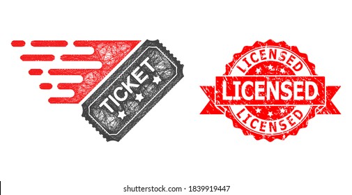 Wire frame ticket icon, and Licensed scratched ribbon seal imitation. Red stamp seal has Licensed title inside ribbon.Geometric wire frame flat net based on ticket icon,