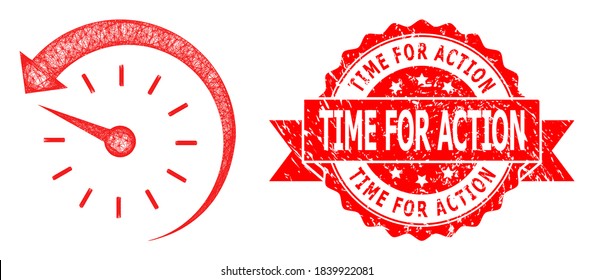 Wire frame time backward icon, and Time for Action textured ribbon seal. Red seal includes Time for Action title inside ribbon.Geometric wire carcass 2D network based on time backward icon,