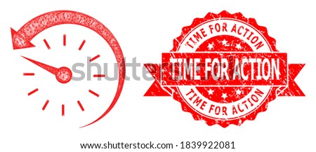 Wire frame time backward icon, and Time for Action textured ribbon seal. Red seal includes Time for Action title inside ribbon.Geometric wire carcass 2D network based on time backward icon,