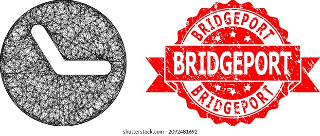 Wire frame time icon, and Bridgeport textured ribbon seal print. Red seal has Bridgeport caption inside ribbon.Geometric wire frame flat network based on time icon, generated from intersected lines.