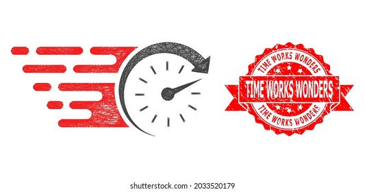 Wire frame time icon, and Time Works Wonders corroded ribbon seal print. Red stamp seal has Time Works Wonders caption inside ribbon.Geometric linear frame flat network based on time icon,