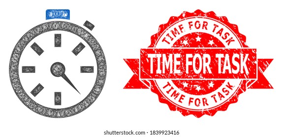 Wire frame timer icon, and Time for Task scratched ribbon stamp seal. Red stamp seal contains Time for Task caption inside ribbon.Geometric linear frame 2D net based on timer icon,