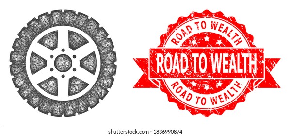 Icono de la rueda del neumático del bastidor del cable y huella de sello de cinta corroída de Road to Wealth. El sello rojo tiene la etiqueta Road to Wealth dentro de la cinta. Red 2D del marco con tramas geométricas basada en el icono de la rueda del neumático,