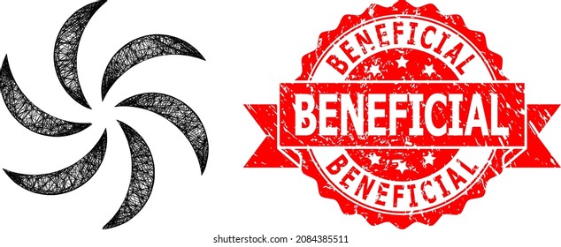Wire frame turbine rotation icon, and Beneficial scratched ribbon seal print. Red stamp seal has Beneficial tag inside ribbon.Geometric hatched frame flat network based on turbine rotation icon,
