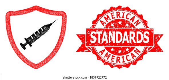 Wire frame vaccine shield icon, and American Standards dirty ribbon stamp seal. Red stamp seal includes American Standards caption inside ribbon.