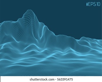 Wire frame vector landscape. 3D perspective frame. Linear abstract terrain. Vector cyberspace background.