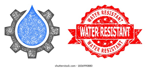 Wire Frame Water Gear Service Icon, And Water Resistant Scratched Ribbon Stamp Seal. Red Stamp Seal Includes Water Resistant Tag Inside Ribbon.