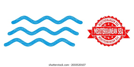 Wire frame water waves icon, and Mediterranean Sea scratched ribbon stamp seal. Red stamp seal includes Mediterranean Sea caption inside ribbon.