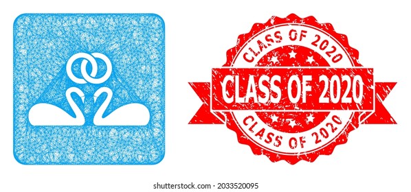 Wire frame wedding swans icon, and Class of 2020 textured ribbon stamp seal. Red stamp has Class of 2020 title inside ribbon.Geometric wire frame 2D net based on wedding swans icon,