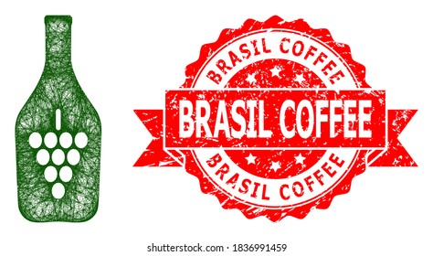 Wire Frame Weinflasche Icon und Brasil Coffee korrodierte Band Dichtung Imitation. Rotes Siegel enthält Brasil Coffee Titel in Ribbon.Geometrisches Drahtnetz 2D Netzwerk basierend auf dem Weinflaschensymbol,