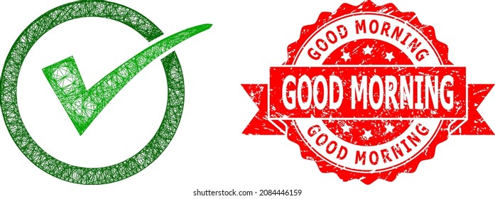 Icono de marca de alambre sí y imitación de sello de cinta de grunge Good Morning. El sello rojo tiene la leyenda Good Morning dentro de la cinta.Red geométrica de la estructura de alambre 2D basada en el icono de tictac sí,