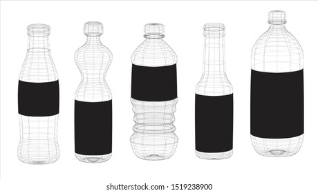 Wire frames of all carbonated bottle shapes. Can be used as mock ups and concepts for Glass bottles. Fully vector based 3D design 