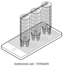 Wire grain silo isometric building in mobile phone, isometric. Outlined seed elevator agriculture, farming, husbandry in communication technology. Isolated vector illustration, white background.