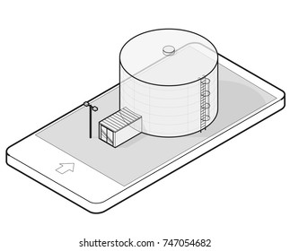 Wire grain silo isometric building in mobile phone, isometric. Outlined seed elevator agriculture, farming, husbandry in communication technology. Isolated vector illustration, white background.