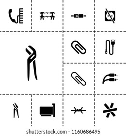 Wire icon. collection of 13 wire filled icons such as clip, phone connection cable, pliers, paper clip, no plug, plug in power socket. editable wire icons for web and mobile.